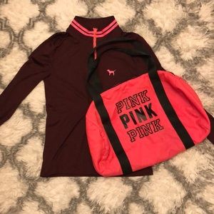 Pink 3/4 zip pullover and duffle bag
